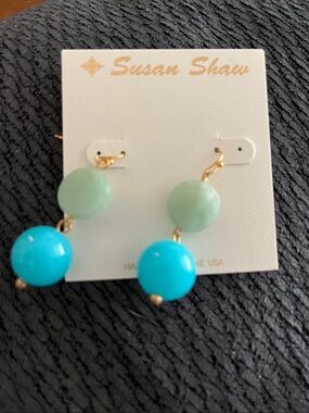 Susan Shaw Green and Turquoise Two-Bead Drop Earrings - NWT